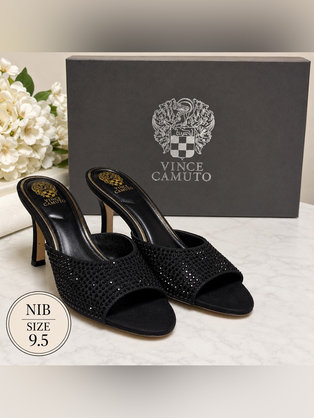 NIBox Vince Camuto Crystal Embellished Black Mule Heels Evening Shoes 9.5